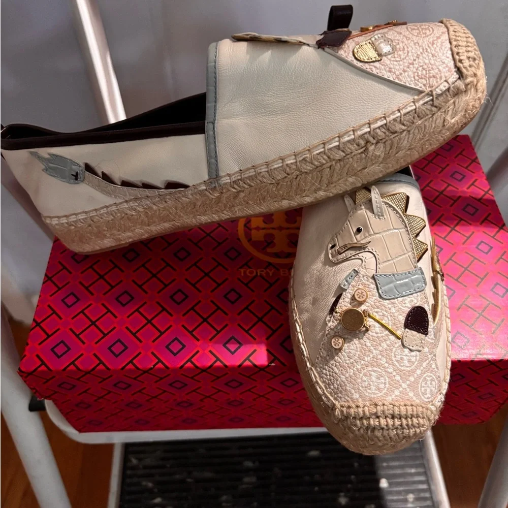 Tory Burch Cream and Brown Dragon Espadrilles. New in Box